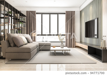 3d rendering loft luxury living room with bookshelf  94771700