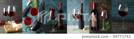 Concept of wine tasting, collage of photos with wine 94771742