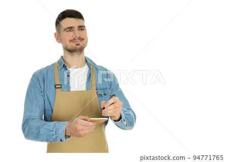 Concept of occupation, young waiter isolated on white background 94771765