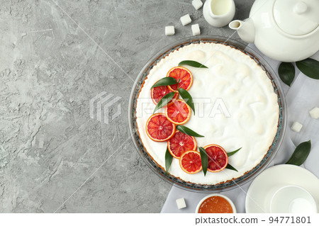 Concept of tasty dessert with meringue pie with citrus, space for text Concept of tasty dessert with meringue pie with citrus, space for text 94771801