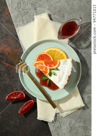 Concept of tasty dessert with meringue pie with citrus, top view Concept of tasty dessert with meringue pie with citrus, top view 94771815