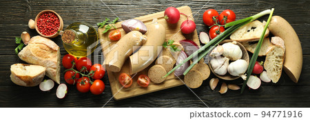 Concept of tasty food, liverwurst, top view Concept of tasty food, liverwurst, top view 94771916