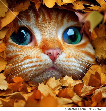 Kitty red cat with autumn orange leaves fall park. 3D illustration. 94772628