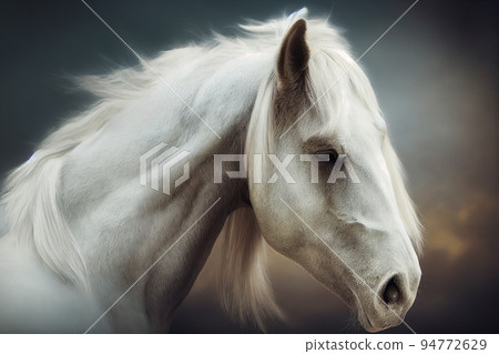 Profile portrait of beautiful white horse blurred background. 3D illustration. Profile portrait of beautiful white horse blurred background. 3D illustration. 94772629