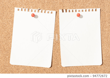 Two Blank notebook paper sheet pinned on cork board. Template Mock up Two Blank notebook paper sheet pinned on cork board. Template Mock up 94772672