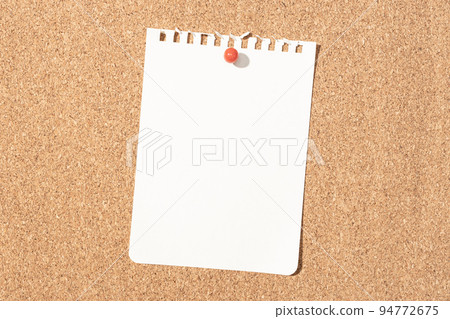Blank notebook paper sheet pinned on cork board. Template Mock up 94772675