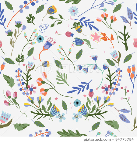 Seamless pattern with colorful wild flowers and leaves. Pastel pattern can be used as textile, fabric, wallpaper, banner and other. Vector illustration. 94773794