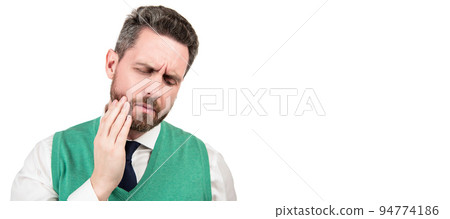 Man face portrait, banner with copy space. unhappy mature guy in formalwear suffering from toothache isolated on white background, pain. Man face portrait, banner with copy space. unhappy mature guy in formalwear suffering from toothache isolated on white background, pain. 94774186
