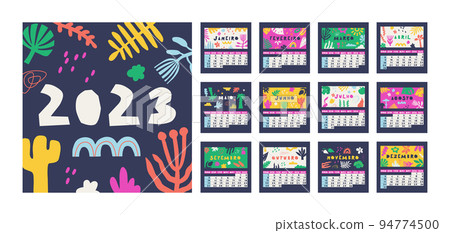 Brazilian or Portuguese calendar for 2023. Week starts on Sunday, 12 months. Cute multicolor vector calendar with flora drawings. Brazilian or Portuguese calendar for 2023. Week starts on Sunday, 12 months. Cute multicolor vector calendar with flora drawings. 94774500