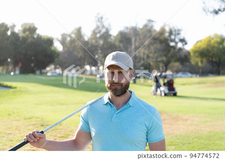 man gold player in cap with golf stick on summer green grass, golfing man gold player in cap with golf stick on summer green grass, golfing 94774572