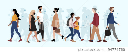 Vector illustration of people walking in public space wearing face mask, coronavirus outbreak, safety measures 94774760