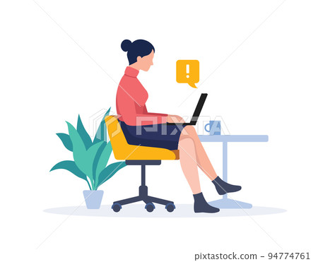 Vector flat design illustration of woman sitting in chair and working on laptop in cozy interior 94774761