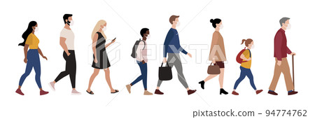 Vector illustration of walking people wearing face mask as protection from illness or polution isolated on white background 94774762