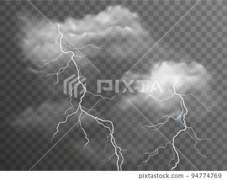 Vector realistic stormy clouds with lightning effects isolated on dark background 94774769