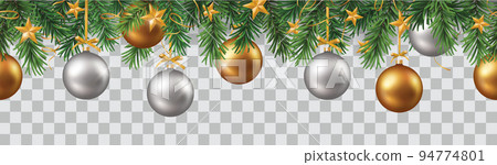 Vector seamless pattern with green branches and gold and silver christmas decorations 94774801