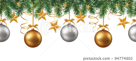Vector seamless pattern with green branches and gold and silver christmas decorations on white background 94774802