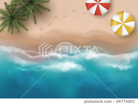 Vector beautiful top view illustration of sandy beach with palm trees, umbrellas and footprints 94774803