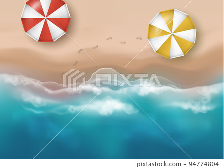 Vector beautiful realistic top view illustration of sandy summer beach with umbrellas and footprints - template for your poster of banner Vector beautiful realistic top view illustration of sandy summer beach with umbrellas and footprints - template for your poster of banner 94774804