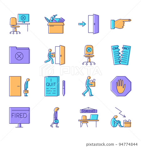 Resignation and dismissal icon set in colored line style Resignation and dismissal icon set in colored line style 94774844