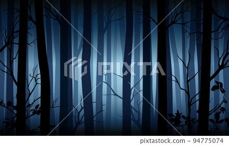 Vector blue mysterious dark forest landscape with silhouettes of trees and branches Vector blue mysterious dark forest landscape with silhouettes of trees and branches 94775074