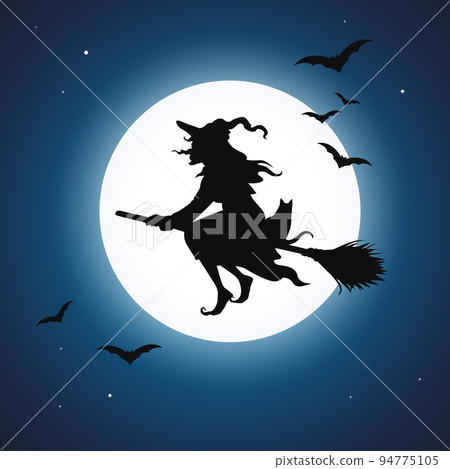 Vector black silhouette of a witch flying on broom with bats and full moon on dark blue sky in the background 94775105
