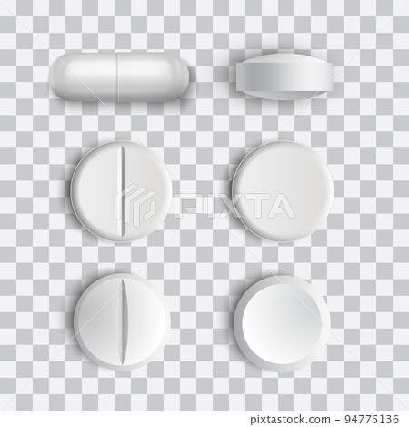 Set of different vector realistic white pills and capsule isolated on transparent background 94775136