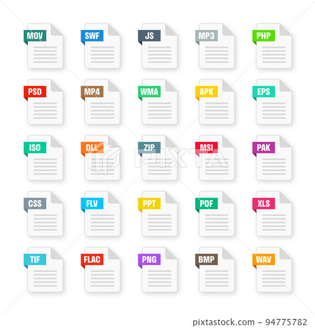 Common system file formats. Document types and extensions. Flat style icons collection. Document pictogram, web design UI element, template. Computer program or application icon. Vector illustration 94775782