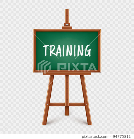 Realistic green chalkboard on wooden easel. Blackboard in wooden frame on a tripod. Presentation board with text, writing or drawing surface. Online studying, learning mockup. Vector illustration 94775811