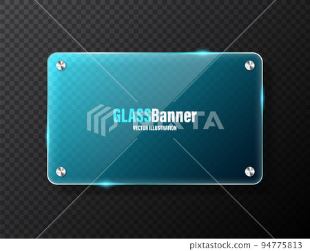 Realistic glass frame with metal holders. Blue transparent glass banner with flares and highlights. Glossy acrylic plate, element with light reflection and place for text. Vector illustration Realistic glass frame with metal holders. Blue transparent glass banner with flares and highlights. Glossy acrylic plate, element with light reflection and place for text. Vector illustration 94775813