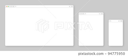 Blank web browser window with toolbar and search field. Modern website, internet page in flat style. Browser mockup for computer, tablet and smartphone. Adaptive user interface. Vector illustration 94775950