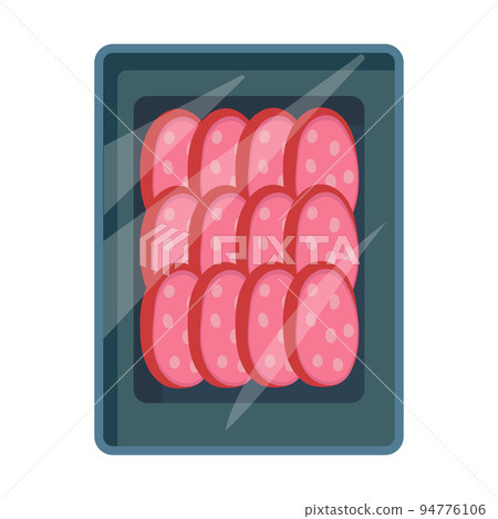 Cartoon meat tray. Frozen food in transparent plastic packaging. Fresh meat deli container icon for supermarket. Food box isolated on white background vector illustration 94776106