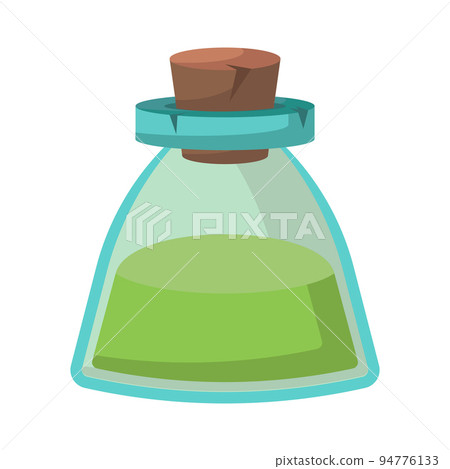 Game icon of bottle with poison or elixir. Cartoon container for health or energy. Magical liquid in glass bottle with cork. Vector illustration of magic item or wizard toxic object. Game icon of bottle with poison or elixir. Cartoon container for health or energy. Magical liquid in glass bottle with cork. Vector illustration of magic item or wizard toxic object. 94776133