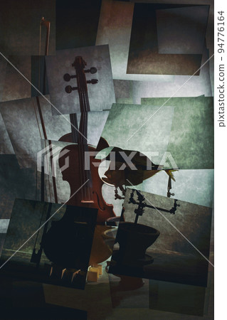 Abstract decorative still life with a violin and a moonfish. Stylization Abstract decorative still life with a violin and a moonfish. Stylization 94776164