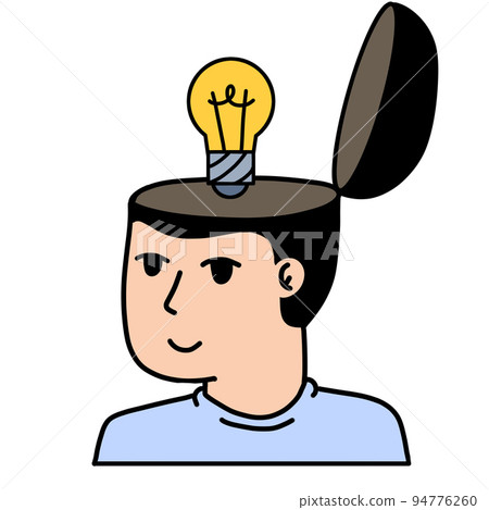 Man with open mind. Concept of idea, knowledge and learning. Light bulb in empty head. Psychological development. Outline cartoon illustration 94776260