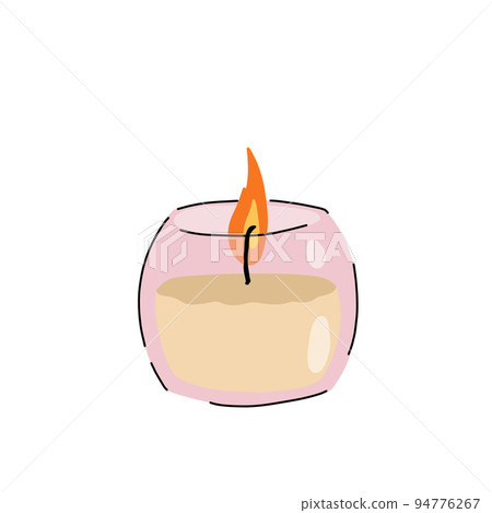Scented candles in glass jar. Romantic Flame and fire in decorative glass. Doodle cartoon isolated on white background 94776267