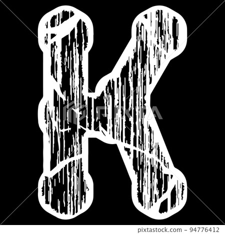 Decorative letter with cracked surface texture on black background. 94776412