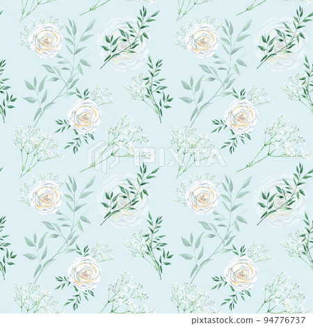 Seamless pattern with white roses, gypsophila and pistachio branches. Rustic style. Watercolor illustration. Can be used for wedding prints, gift wrapping paper, backgrounds for Valentine's day and Seamless pattern with white roses, gypsophila and pistachio branches. Rustic style. Watercolor illustration. Can be used for wedding prints, gift wrapping paper, backgrounds for Valentine's day and 94776737