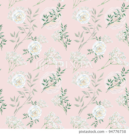 Seamless pattern with white roses, gypsophila and pistachio branches. Vintage style. Watercolor illustration. Can be used for wedding prints, gift wrapping paper, backgrounds for Valentine's day and Seamless pattern with white roses, gypsophila and pistachio branches. Vintage style. Watercolor illustration. Can be used for wedding prints, gift wrapping paper, backgrounds for Valentine's day and 94776738
