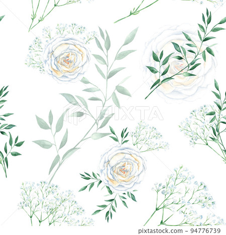 Seamless pattern with white roses, gypsophila and pistachio branches. Romantic style. Watercolor illustration. Can be used for wedding prints, gift wrapping paper, backgrounds for Valentine's day and Seamless pattern with white roses, gypsophila and pistachio branches. Romantic style. Watercolor illustration. Can be used for wedding prints, gift wrapping paper, backgrounds for Valentine's day and 94776739