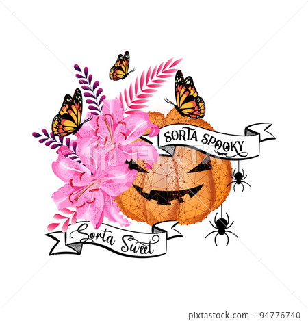 Halloween pumpkin decorated with flowers and butterflies and quote Sorta Sweet Sorta Spooky  94776740