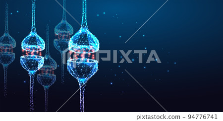 Neuron synapses, synaptic transmissions in human brain in futuristic glowing style on dark blue Neuron synapses, synaptic transmissions in human brain in futuristic glowing style on dark blue 94776741
