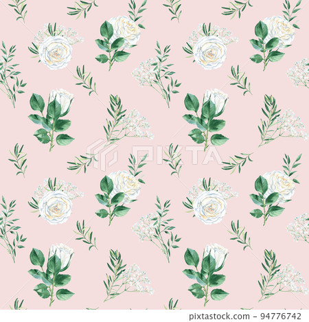 Seamless pattern with white roses, gypsophila, pistachio and olive branches. Vintage style. Watercolor illustration. Can be used for wedding prints, gift wrapping paper, backgrounds for Valentine's Seamless pattern with white roses, gypsophila, pistachio and olive branches. Vintage style. Watercolor illustration. Can be used for wedding prints, gift wrapping paper, backgrounds for Valentine's 94776742