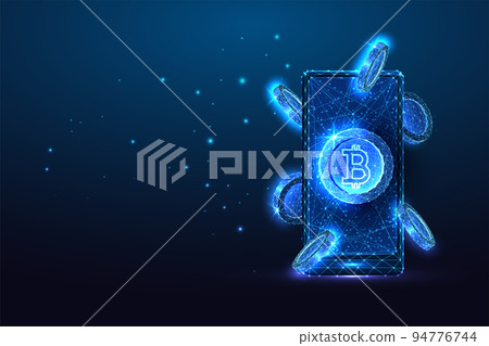Concept of bitcoin online payment, cryptocurrency transfer. Futuristic glowing low polygonal style Concept of bitcoin online payment, cryptocurrency transfer. Futuristic glowing low polygonal style 94776744