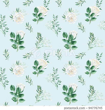 Seamless pattern with white roses, gypsophila, pistachio and olive branches. Romantic style. Watercolor illustration. Can be used for wedding prints, gift wrapping paper, backgrounds for Valentine's Seamless pattern with white roses, gypsophila, pistachio and olive branches. Romantic style. Watercolor illustration. Can be used for wedding prints, gift wrapping paper, backgrounds for Valentine's 94776745