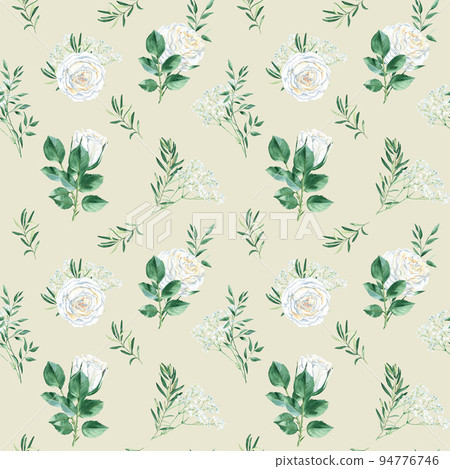 Seamless pattern with white roses, gypsophila, pistachio and olive branches. Rustic style. Watercolor illustration. Can be used for wedding prints, gift wrapping paper, backgrounds for Valentine's day Seamless pattern with white roses, gypsophila, pistachio and olive branches. Rustic style. Watercolor illustration. Can be used for wedding prints, gift wrapping paper, backgrounds for Valentine's day 94776746