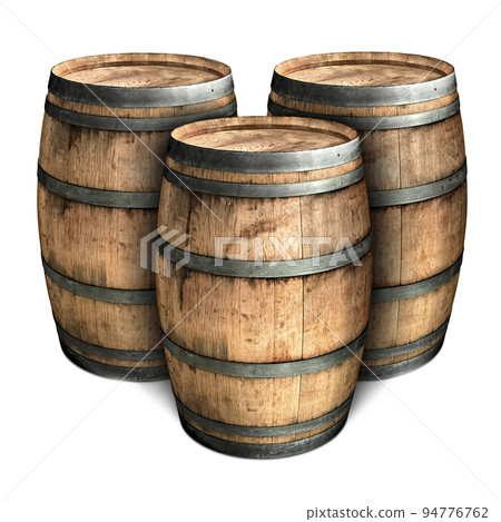three large wooden barrels on a white background three large wooden barrels on a white background 94776762