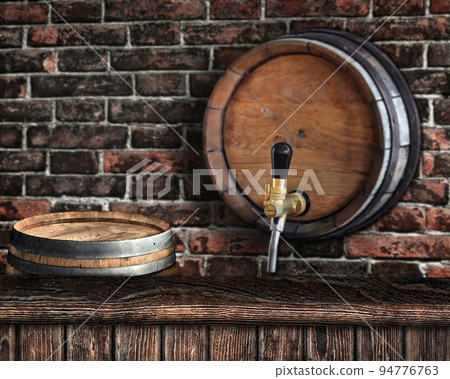 wooden bar counter with a beer barrel on a brick wall in the background wooden bar counter with a beer barrel on a brick wall in the background 94776763