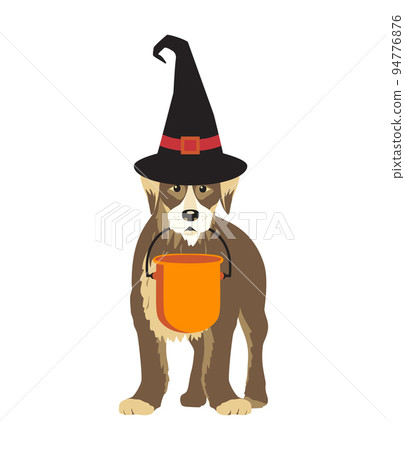 Dog in witch hat with Halloween bucket vector icon Dog in witch hat with Halloween bucket vector icon 94776876