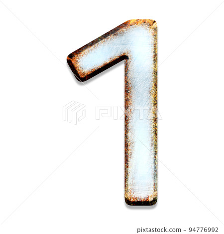 Old metallic number with scratches and rusty stains.Art font. 94776992