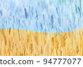 Defocused focus on abstract patriotic Flag of Ukraine from field of golden ears of wheat. Agriculture of independent Ukraine. Day of the National Flag 94777077